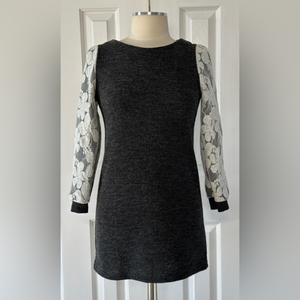 Fangting Gray Lace Sleeve Mini Sweater Dress Size S